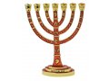 7-Branch Gold Menorah with Judaic Decorations, Enamel Plated in Red - 9.5