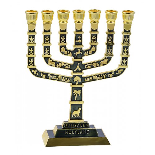 7-Branch Menorah, Dark Green and Gold with Judaic Motifs & Jerusalem Images - 9.5