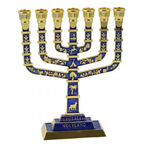 7-Branch Menorah with Gold Jerusalem Images and Judaica Motifs on Dark Blue - 9.5