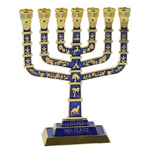 7-Branch Menorah with Gold Jerusalem Images and Judaica Motifs on Dark Blue - 9.5