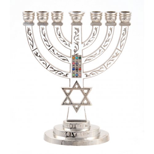 7-Branch Menorah with Star of David and Breastplate, White on Silver  5.2 Inches