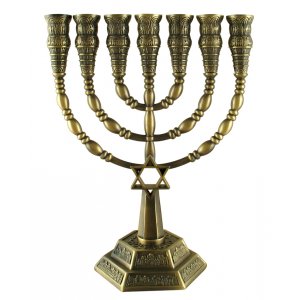 Seven-Branch Menorah with Jerusalem Images and Star of David, Bronze - 6 or 9.4