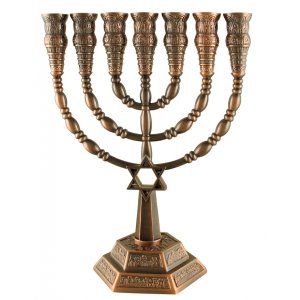 Seven Branch Menorah with Jerusalem Images and Star of David, Copper  6 or 9.4