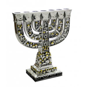 Two Tone Silver and Gold Seven Branch Menorah - Embossed Jerusalem Design