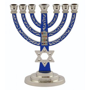 7-Branch Menorah with Star of David and Breastplate, Dark Blue on Silver  5.2 Inches