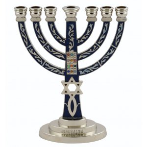 7-Branch Menorah with Fish Symbol Star of David and Breastplate, Blue & Silver - 5.2"