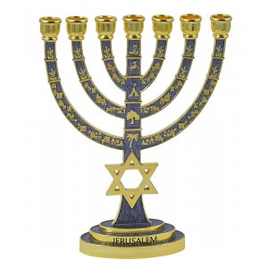Seven Branch Menorah, Gold with Gray Enamel Judaic Symbols and Star of David - 9.5