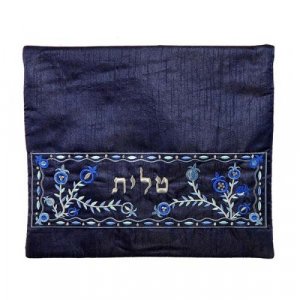 Yair Emanuel Embroidered Prayer Shawl and Tefillin Bag Set Blue Pomegranates on Blue