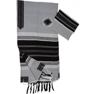 Gray Handwoven Cotton Tallit Prayer Shawl Set with Black and Silver Stripes - Gabrieli