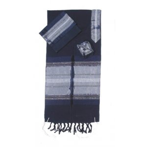Handwoven Dark Blue Silk Prayer Shawl Set with Silver Stripes - Gabrieli