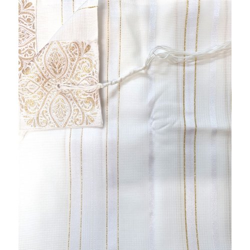 Acrylic Non-Slip Prayer Shawl, Checkerboard Textured Weave  White and Gold Stripes