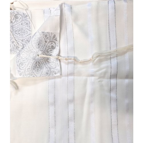 Acrylic Non-Slip Prayer Shawl, Checkerboard Textured Weave  White and Silver Stripes