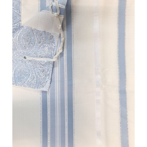 Acrylic Non-Slip Prayer Shawl, Textured Weave  Silver and Sky Blue Stripes