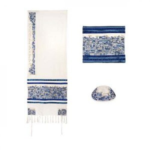 Embroidered Cotton Prayer Shawl Set, Jerusalem in Blue - Yair Emanuel