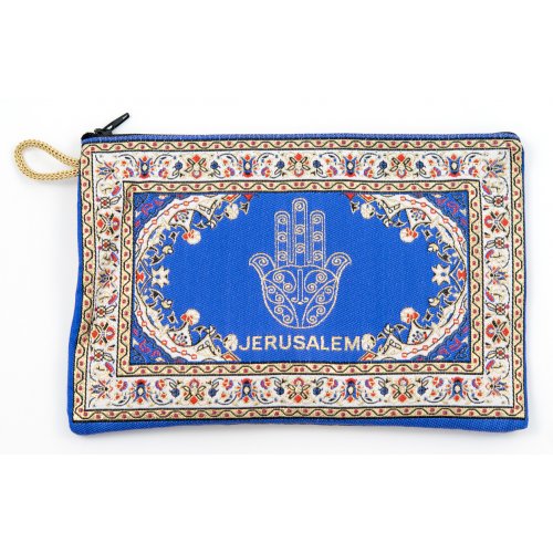 Embroidered Fabric Purse, Choice of Sizes  Blue Hamsa with Oriental Design