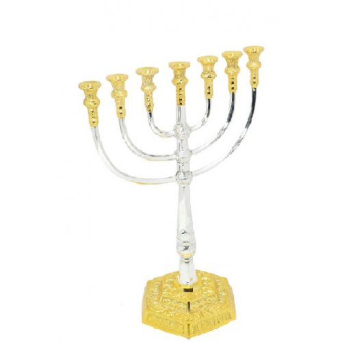 Gold Brass Medium Seven Branch Menorah with Smooth and Engraved Surfaces
