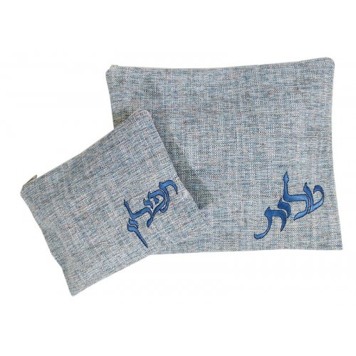 Prayer Shawl and Tefillin Bag Set, Off White Fabric, Blue Embroidery - Ronit Gur