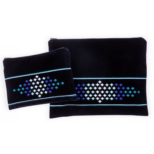 Ronit Gur, Velvet Tallit and Tefillin Bag Set  Embroidered Blue and Silver Diamonds