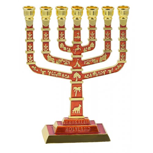 Seven Branch Menorah, Gold and Red with Jerusalem Images and Judaica Motifs - 9.5