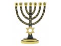 Seven Branch Menorah, Gold with Green Enamel Judaic Symbols and Star of David - 9.5