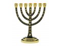 Seven Branch Menorah with Judaic Images in Gold on Dark Green Enamel - 9.5
