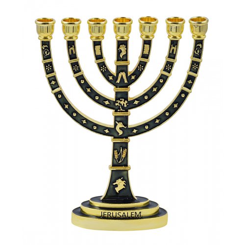 Seven Branch Menorah with Judaic Images in Gold on Dark Green Enamel - 9.5