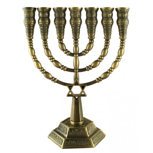 Seven-Branch Menorah with Jerusalem Images and Star of David, Bronze - 6 or 9.4