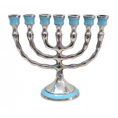 Small Seven Branch Aluminum Menorah Decorated on Top and Base with Turquoise Enamel