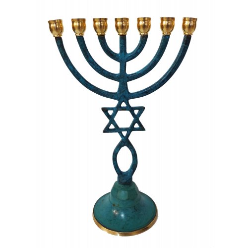 7 Branch Menorah, Blue Green Patina with Star of David and Grafted in Fish Symbol