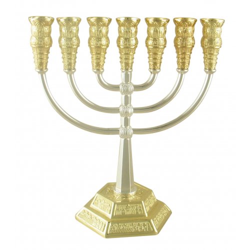 7 Branch Menorah, Two Tone Gold and Silver with Jerusalem Images – Height 8.6”
