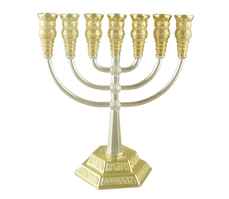 Vorming Verenigen Nuttig 7 Branch Menorah, Two Tone Gold and Silver with Jerusalem Images – Height  8.6” | myshofar.com