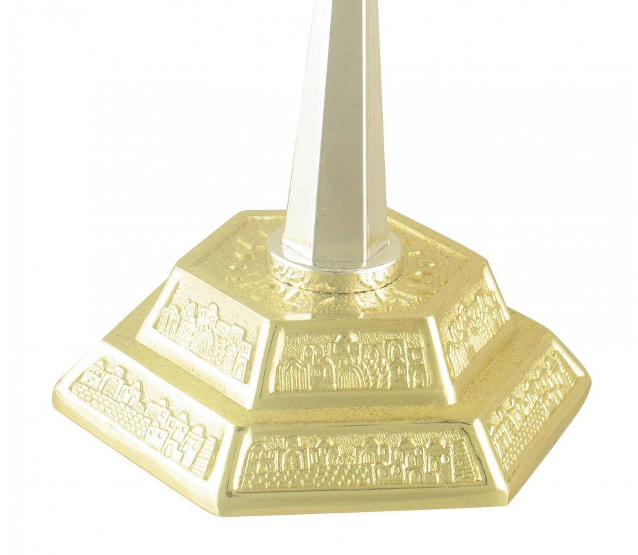 7 Branch Menorah, Two Tone Gold and Silver with Jerusalem Images – Height 8.6”