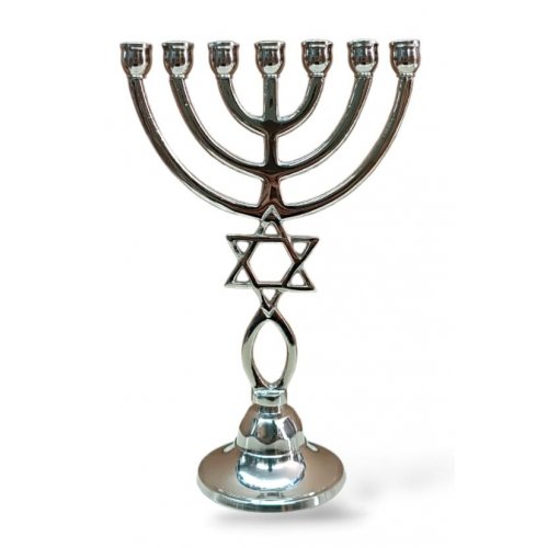 7 Branch Silver Nickel Menorah with Grafted in Fish Symbol and Star of David - 9