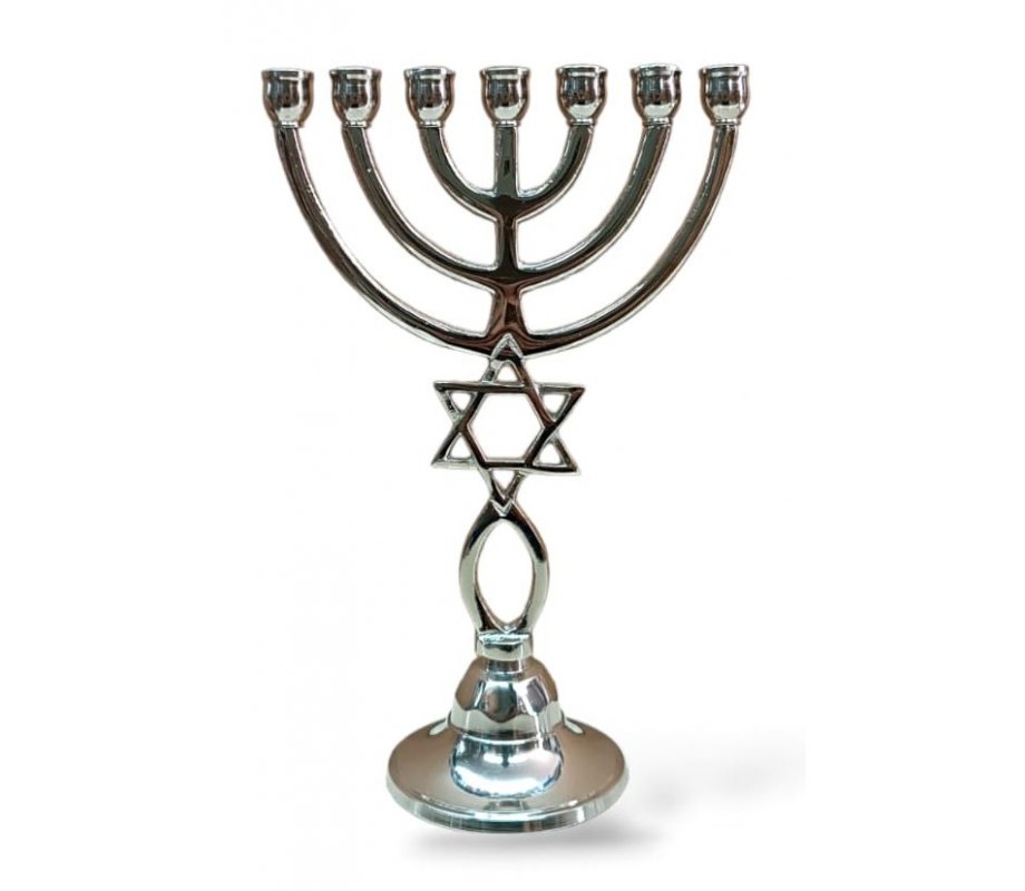 7 Branch Silver Nickel Menorah with Grafted in Fish Symbol and Star of David - 9