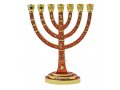 7-Branch Gold Menorah with Judaic Decorations, Enamel Plated in Red - 9.5”