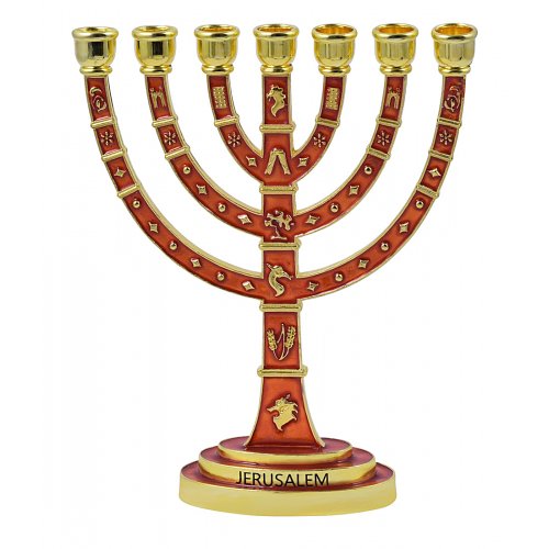 7-Branch Gold Menorah with Judaic Decorations, Enamel Plated in Red - 9.5