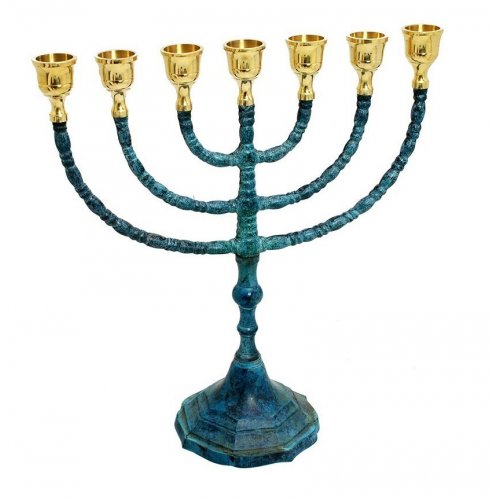 7-Branch Menorah, Brass Plated with Blue Patina and Gold - 12
