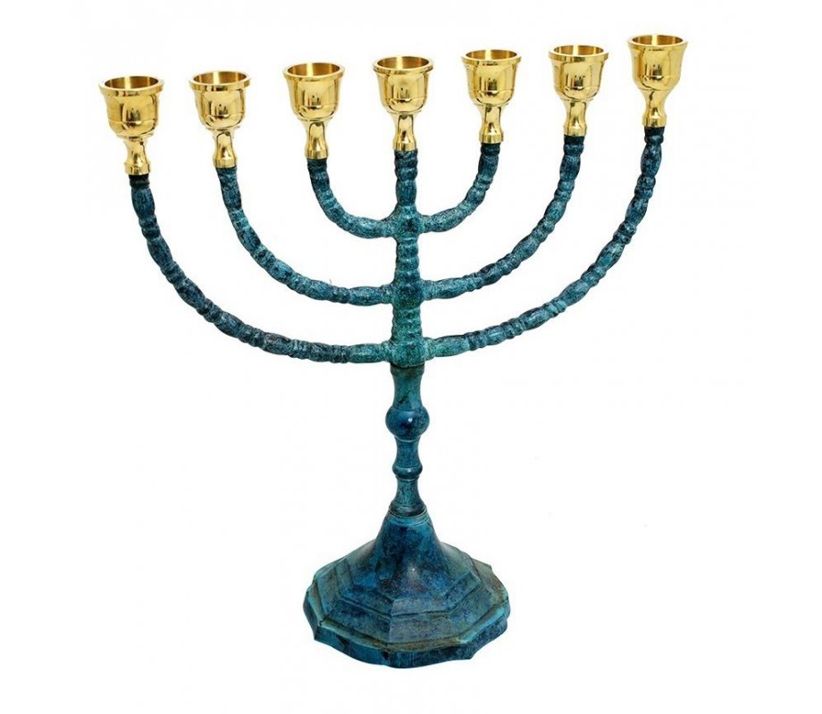 7-Branch Menorah, Brass Plated with Blue Patina and Gold - 12