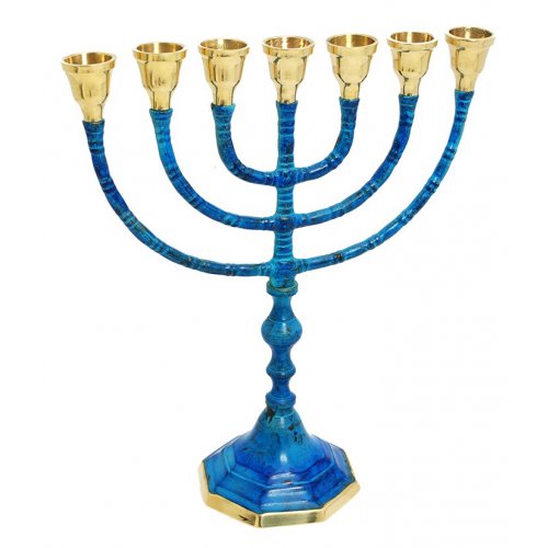 7-Branch Menorah, Brass Plated with Deep Blue Patina and Gold  10