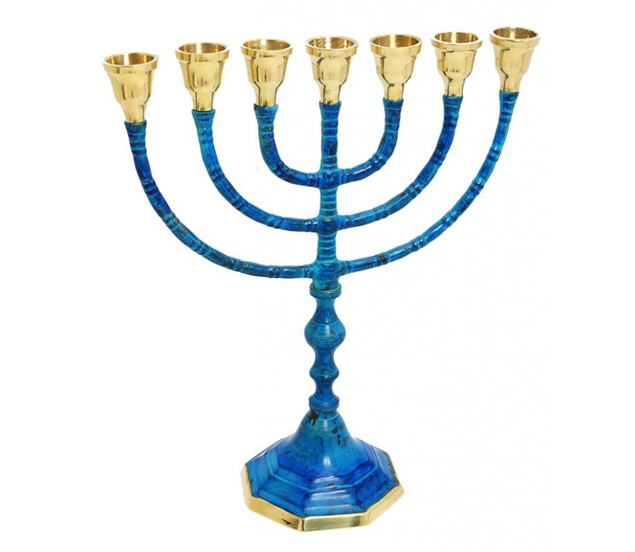 7-Branch Menorah, Brass Plated with Deep Blue Patina and Gold – 10