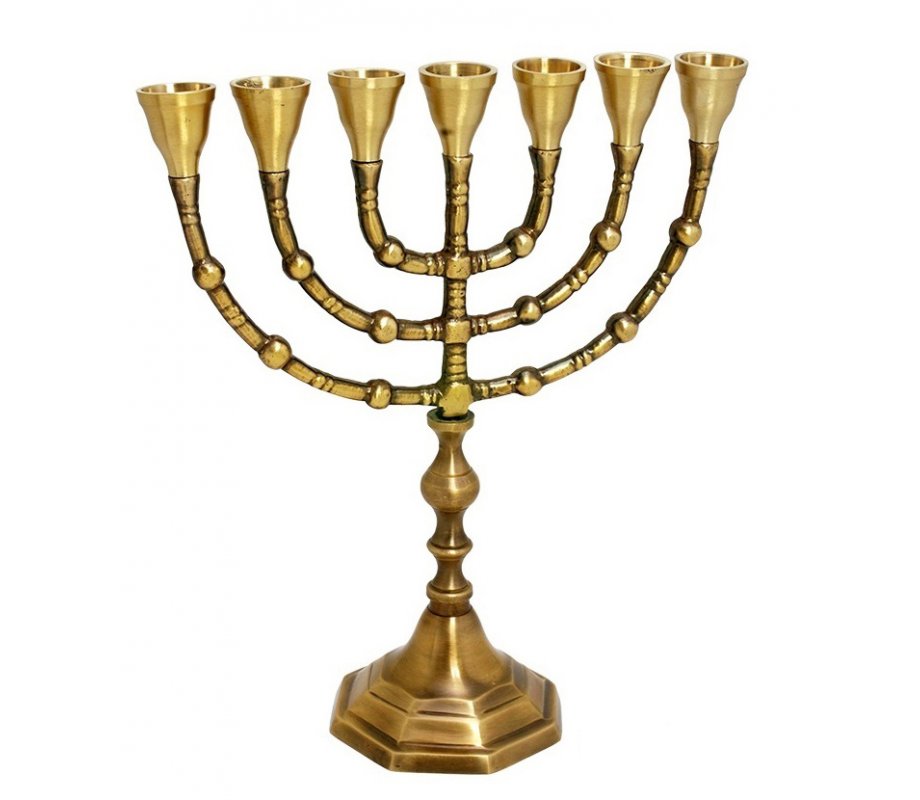 7-Branch Menorah, Dark Gold Brass with Antique Look - Choice 10