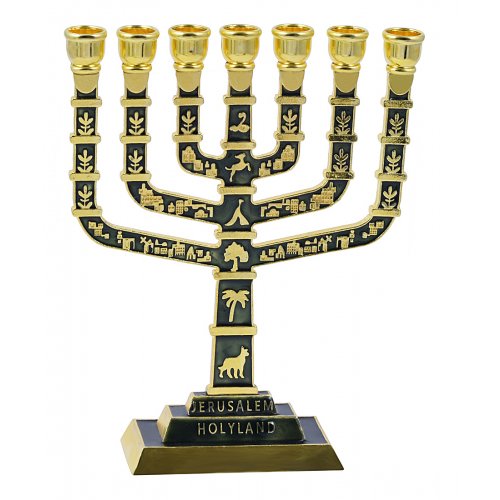 7-Branch Menorah, Dark Green and Gold with Judaic Motifs & Jerusalem Images - 9.5”