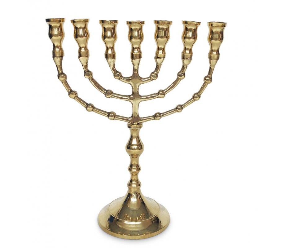 7-Branch Menorah, Gold Brass - Height 8.5