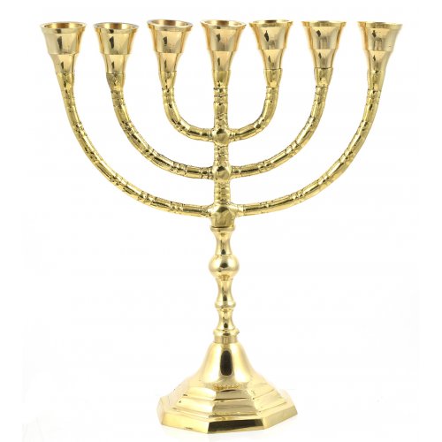 7-Branch Menorah in Gleaming Gold Brass, Classic Design  Choice of 10