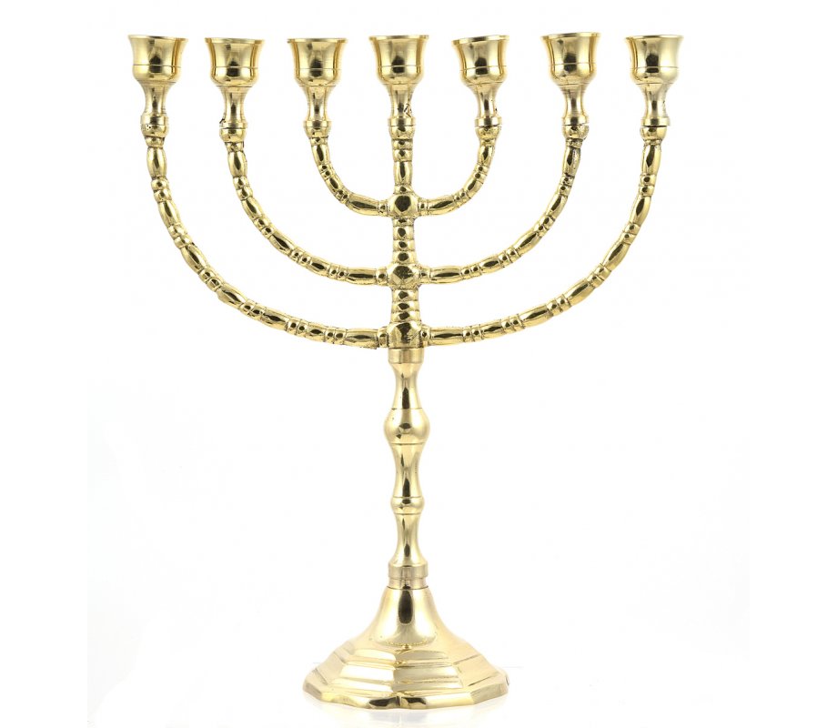 7-Branch Menorah in Gleaming Gold Brass, Classic Design – Choice of 10