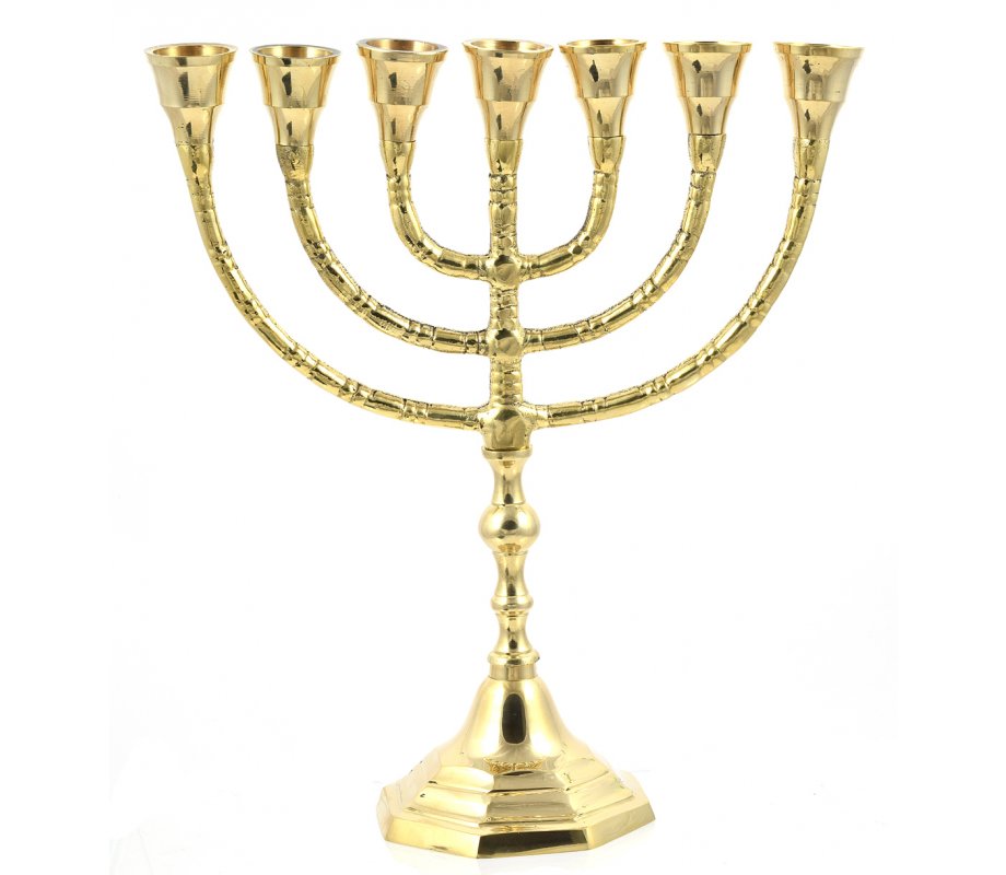 7-Branch Menorah in Gleaming Gold Brass, Classic Design – Choice of 10