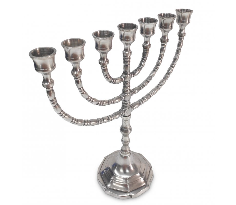 7-Branch Menorah with Engraved Branches, Pewter Covered Brass – Option 12