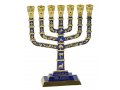 7-Branch Menorah with Gold Jerusalem Images and Judaica Motifs on Dark Blue - 9.5