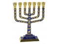 7-Branch Menorah with Gold Jerusalem Images and Judaica Motifs on Dark Blue - 9.5