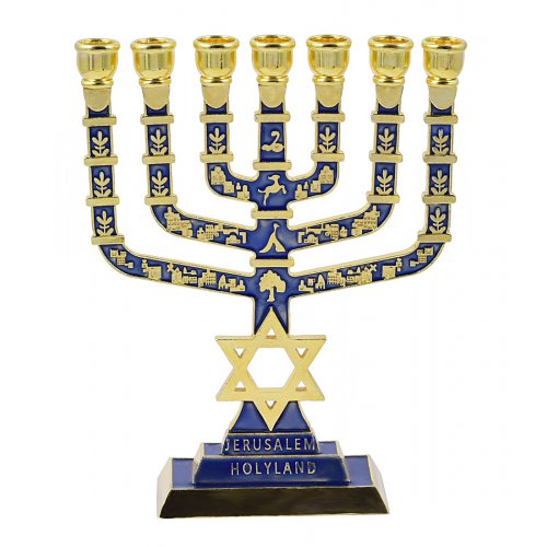 7-Branch Menorah with Star of David & Jerusalem & Judaic Images, Dark Blue - 9.5